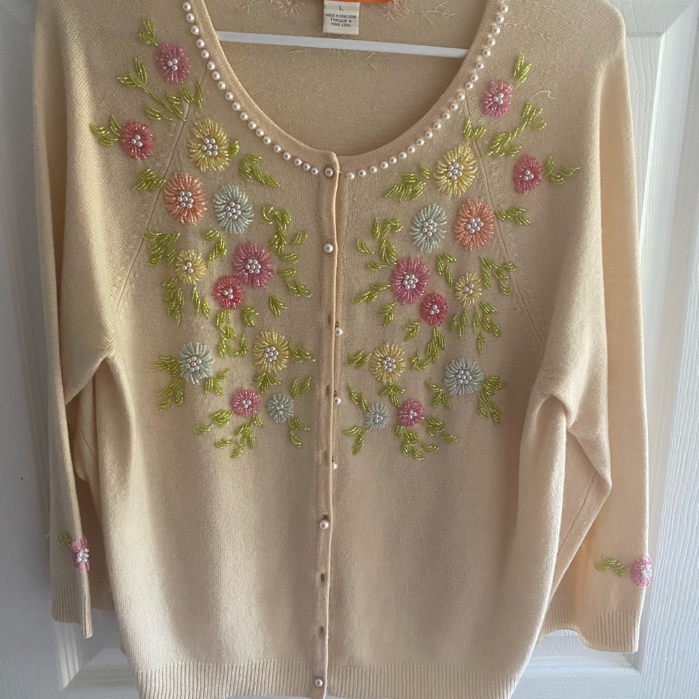 Cynthia Steffe Cream and Pink Floral Embroidered Cardigan-Cute with jeans!